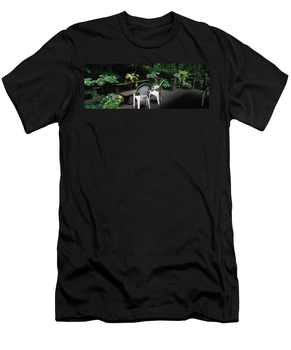 1 Chairs on the Deck Porch of a House Panoramic Images T-Shirt