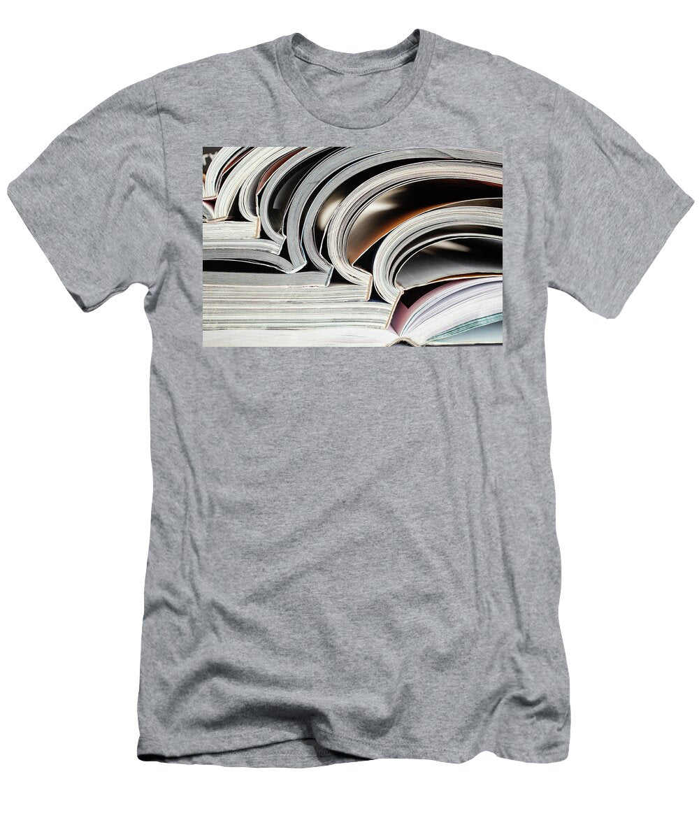1 Close Up Photograph of a Stack of Open Magazines or Journals Ab Dorin Puha T-Shirt