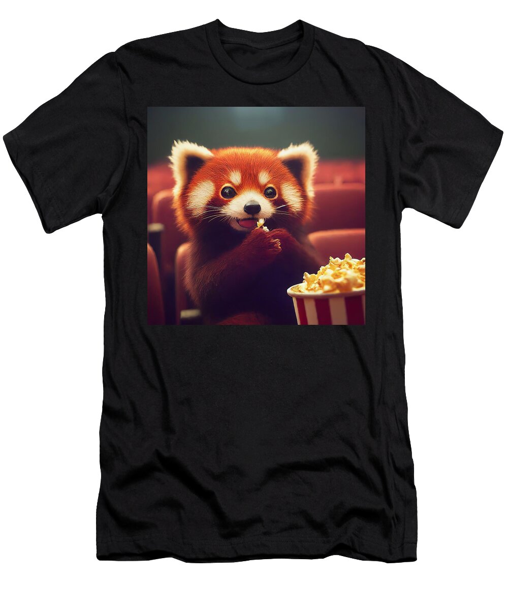 1 Cute Red Panda Eating Popcorn in Cozy Movie Theater Talha Khan T-Shirt
