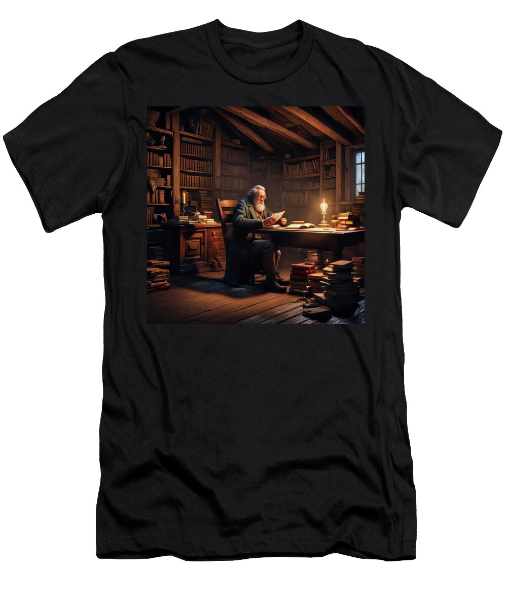 1 Elderly Scholar Reading in Rustic Library with Warm Lamp Light Anthony Dezenzio T-Shirt