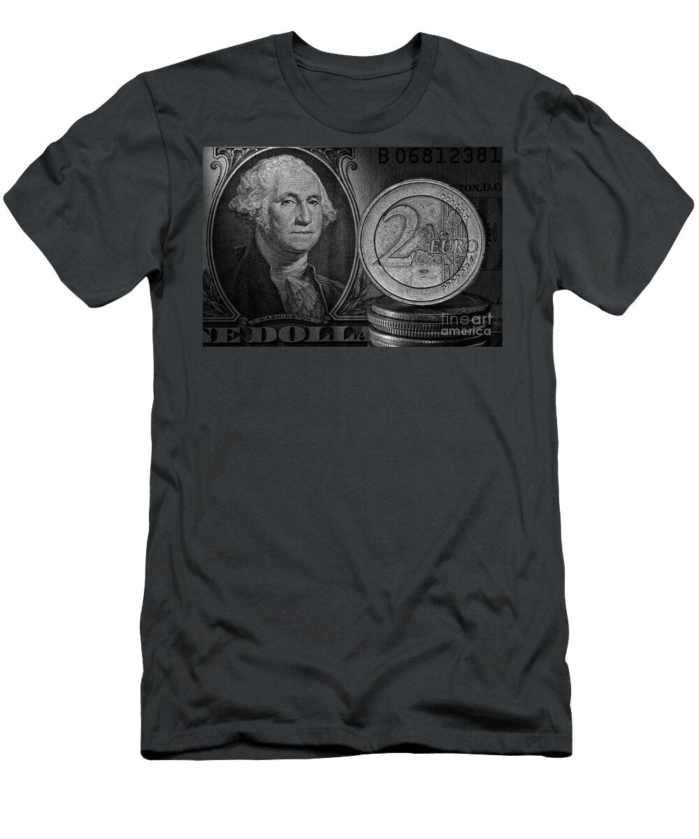 1 Euro and Dollar Exchange Rate Coin and Bill Relationship Black and White Macro Pablo Avanzini T-Shirt