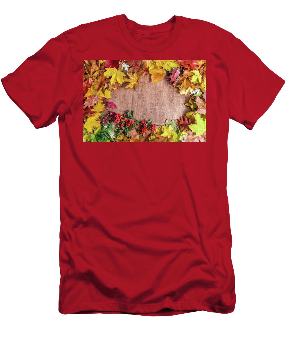 1 Frame Made of Fall Leaves on Wood Autumn Background Michal Bednarek T-Shirt