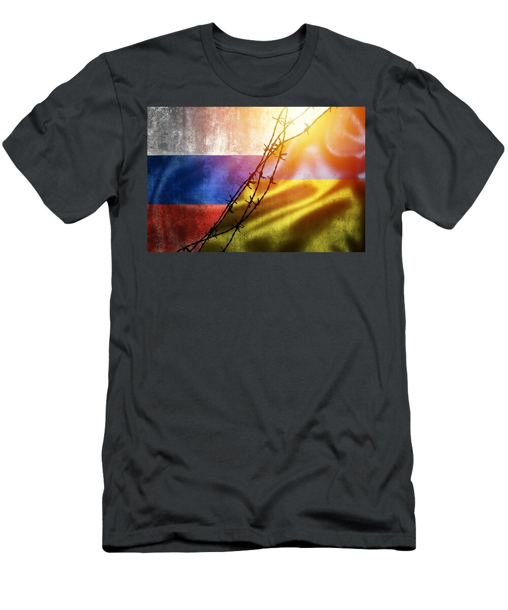 1 Grunge Flags of Russian Federation and Ukraine Divided By Barb W Brch Photography T-Shirt