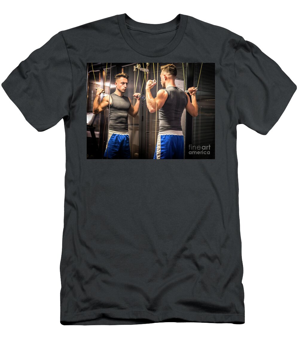 1 Muscular Young Man Training Shoulders on Gym Machine Stefano C T-Shirt
