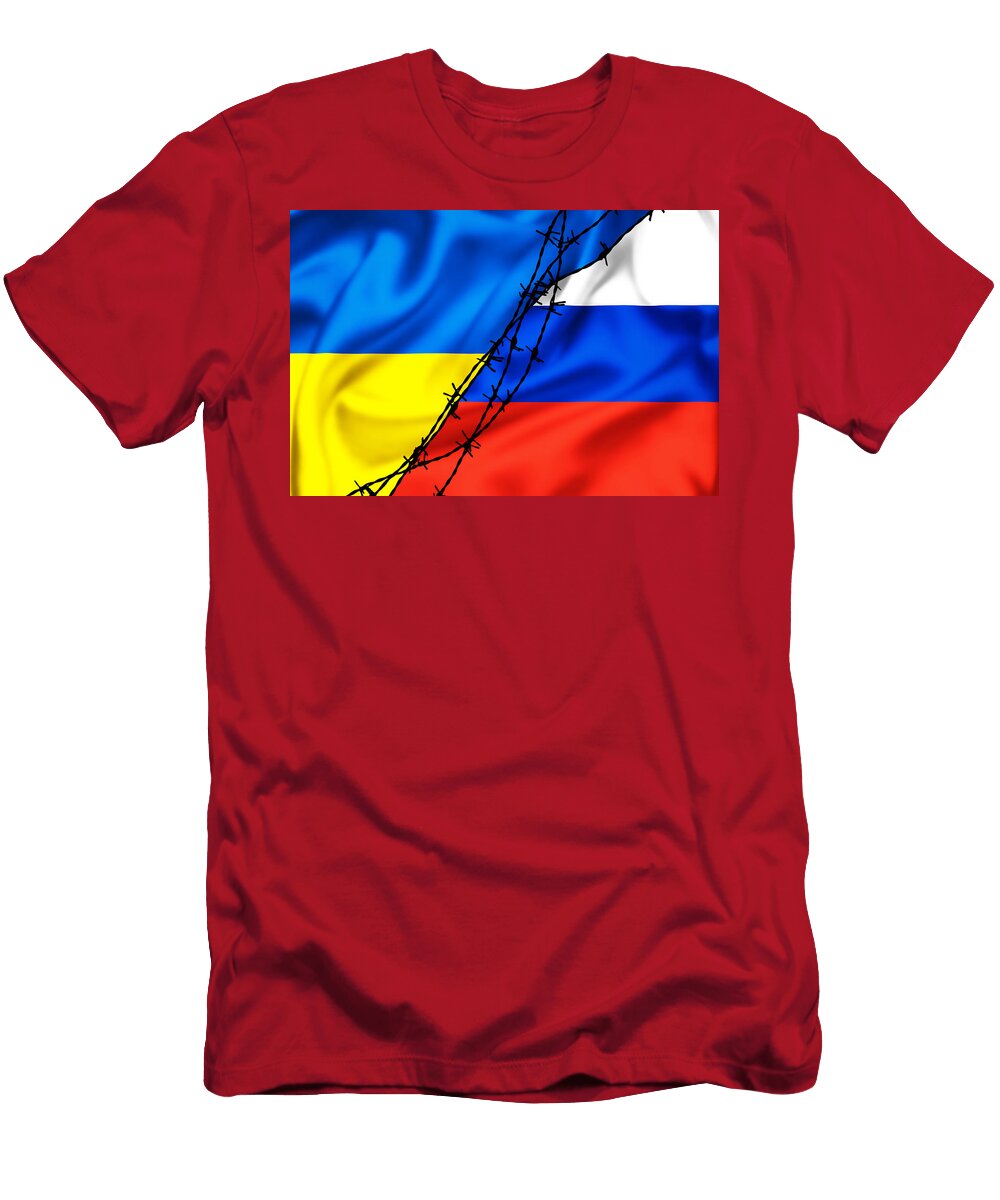 1 Silk Flags of Russian Federation and Ukraine Divided By Barb Wir Brch Photography T-Shirt