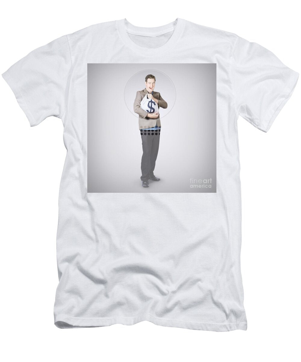 1 Surprised Business Man Holding Money Bag in Bank Ryan Jorgensen T-Shirt