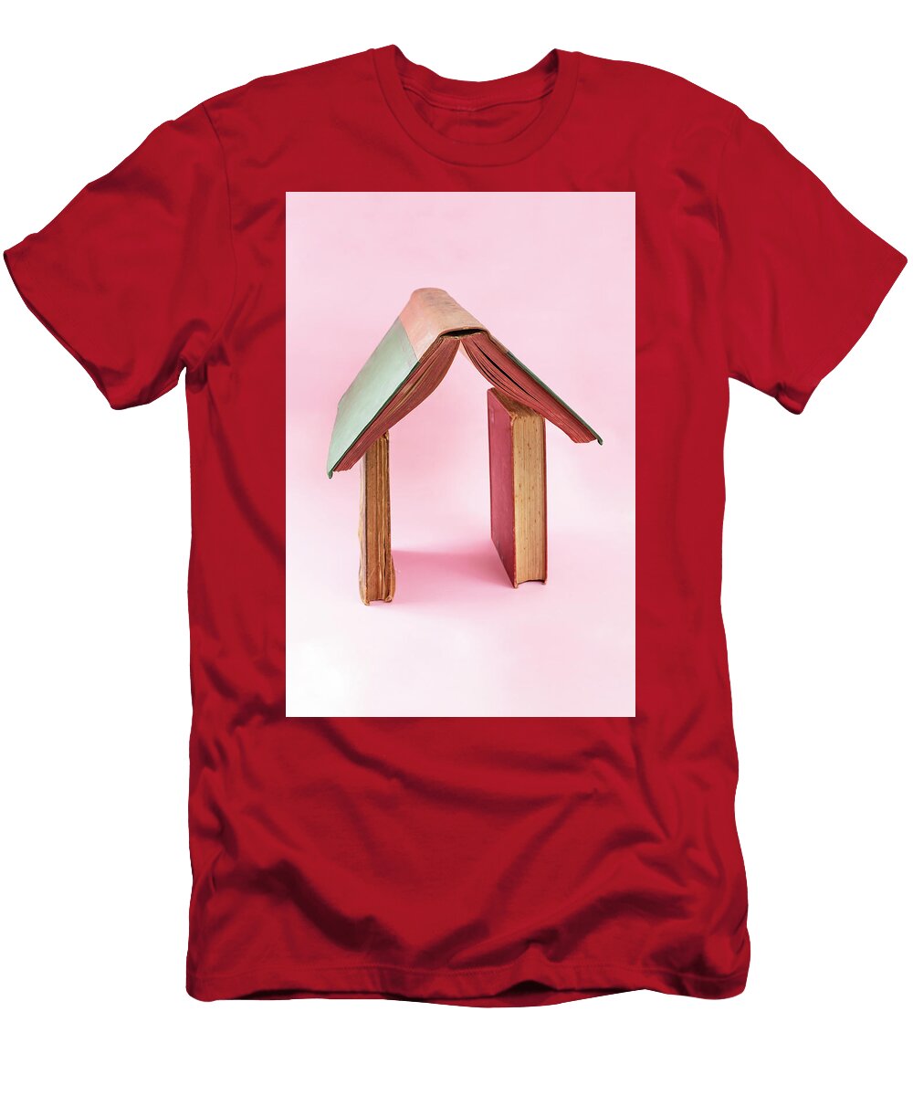 1 Three Vintage Books Arranged in the Shape of a House on Pink Bac Dorin Puha T-Shirt