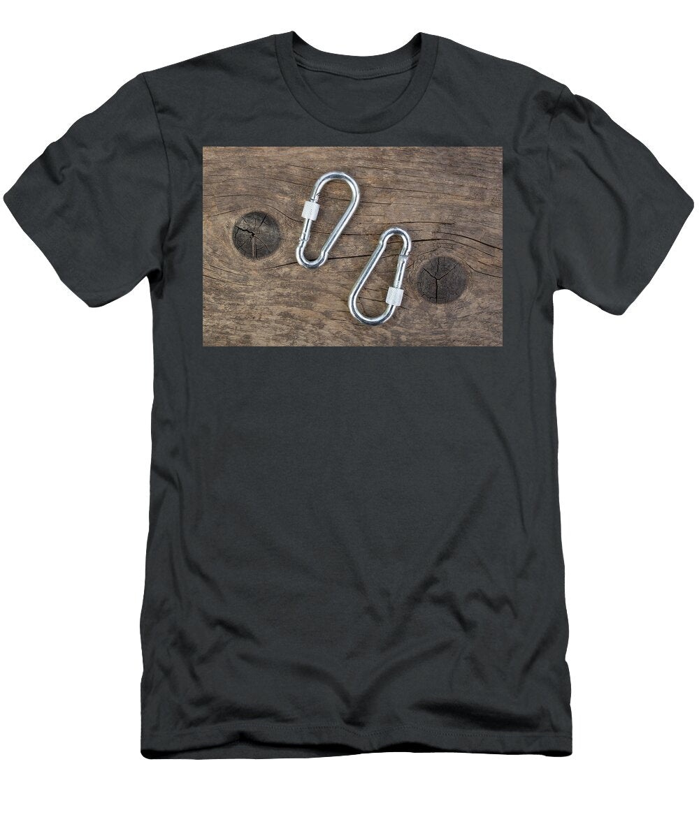 1 Two Silver Steel Carabines on Weathered Wood Background with Co Dorin Puha T-Shirt