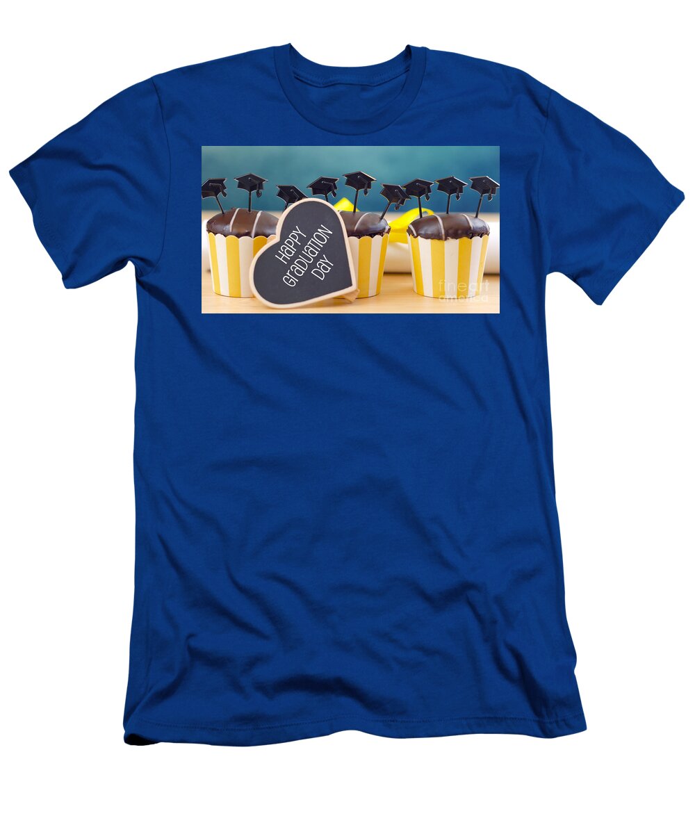 1 Yellow and Blue Theme Graduation Party Cupcakes with Cap Hats Toppers Milleflore Images T-Shirt