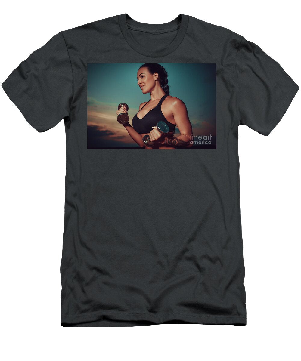 1 Young Sports Woman Training with Dumbbells on Twilight Sky Backg Stanislav Perov T-Shirt
