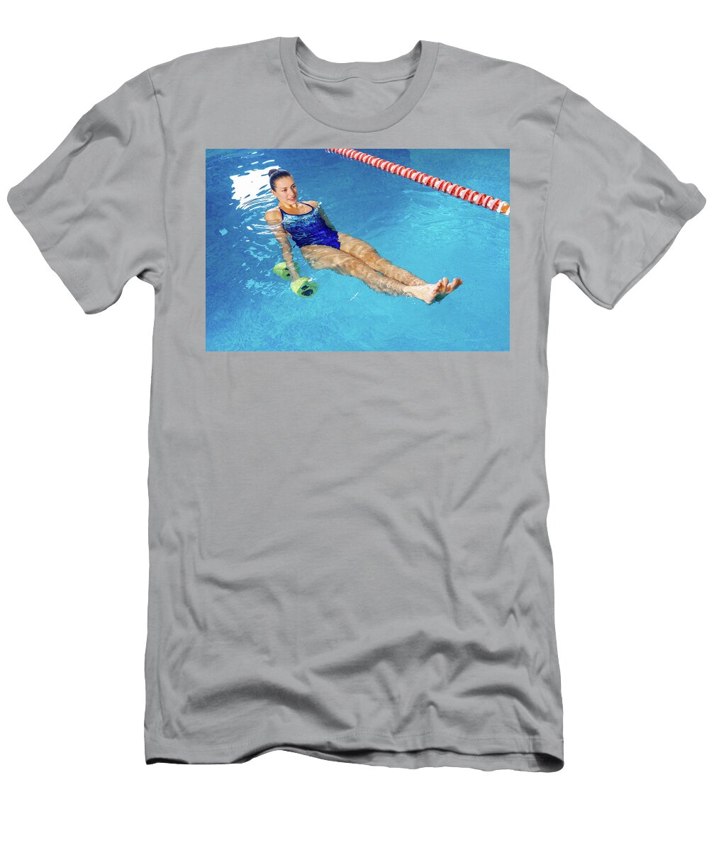 1 Young Woman Doing Water Aerobics in Indoor Pool Sporting Concept Maria Kray T-Shirt
