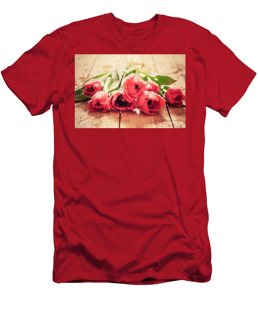 10 Fresh Red Tulip Flowers Bouquet on Wood Michal Bednarek T-Shirt