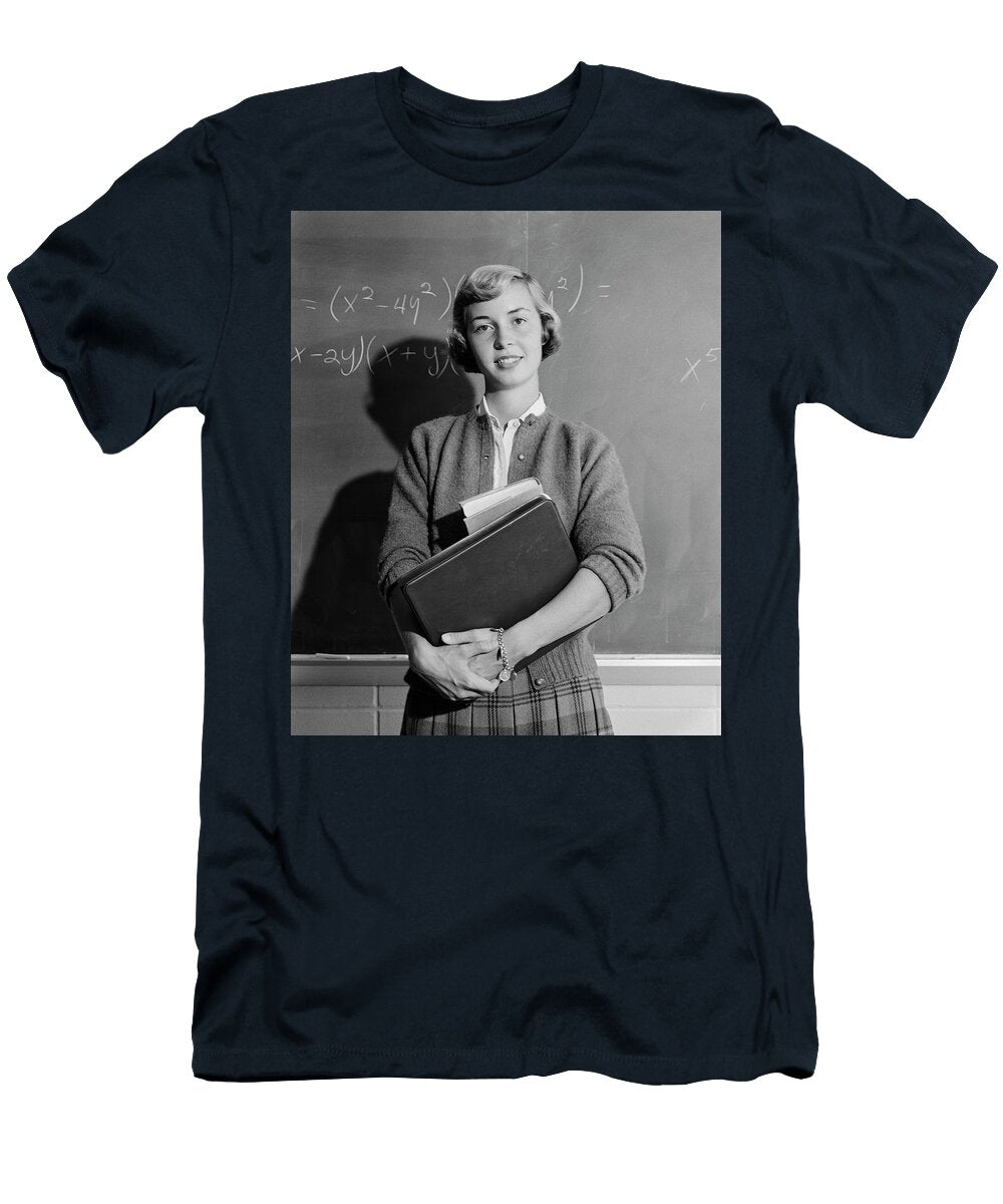 1960s Teenage Girl Holding School Books Standing in Front of Blackboard Looking At Camera Panoramic Images T-Shirt