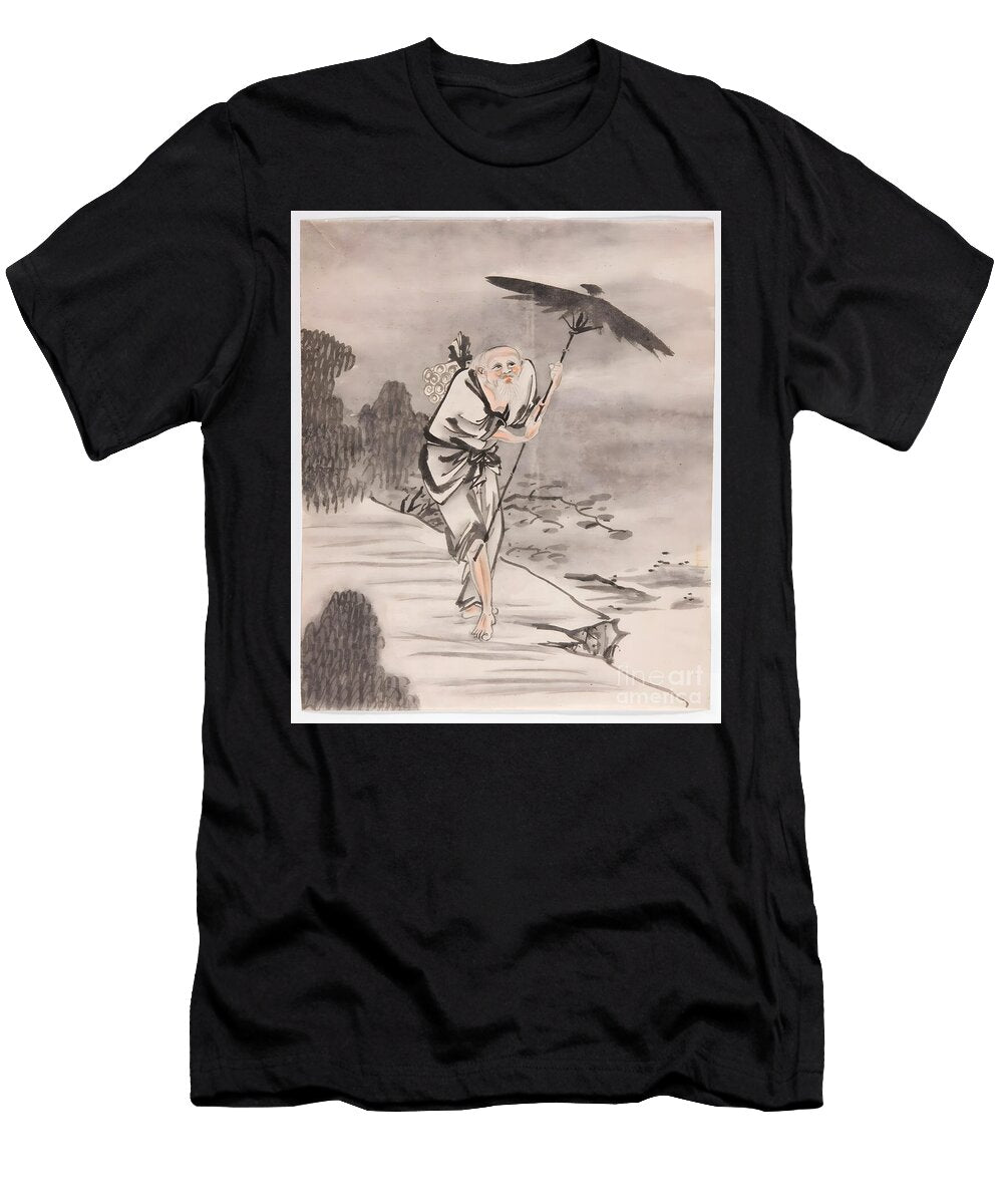 19th Century Chinese Watercolor Traveling Scholar with Scrolls on Mountain Cliff Jon Fennel T-Shirt