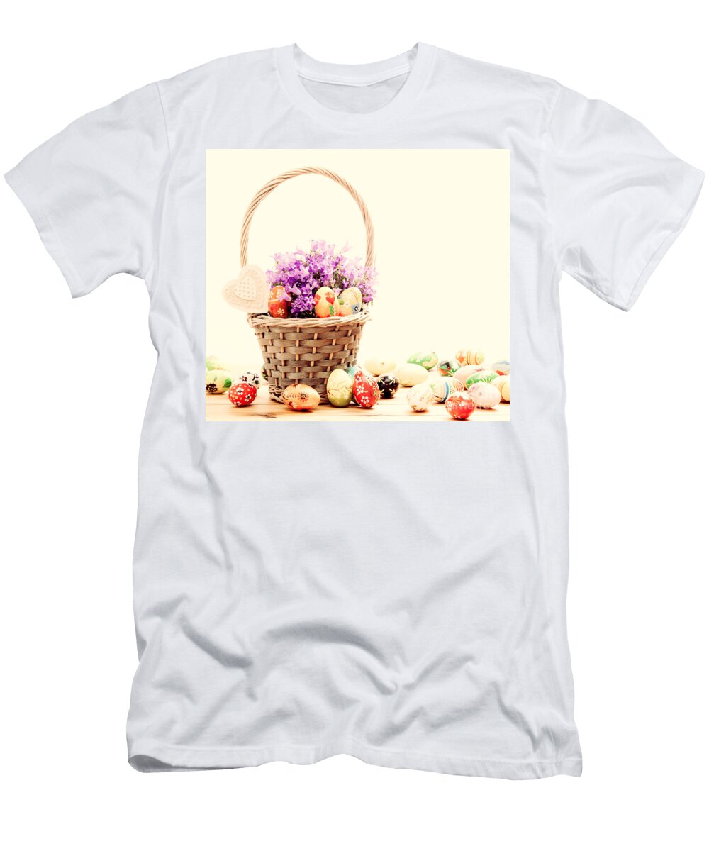 2 Colorful Hand Painted Easter Eggs in Basket and on Wood Michal Bednarek T-Shirt