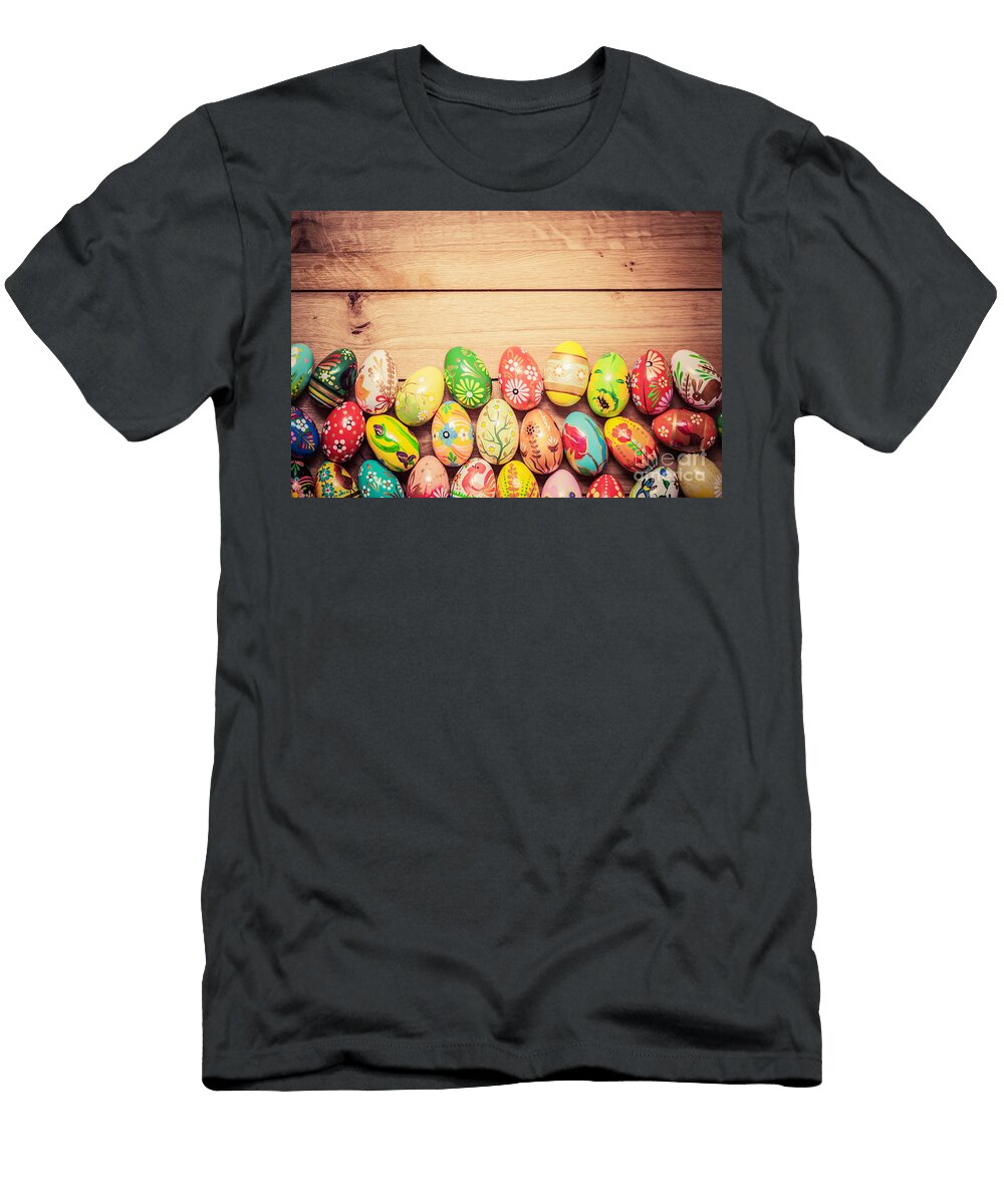 2 Colorful Hand Painted Easter Eggs on Wood Michal Bednarek T-Shirt