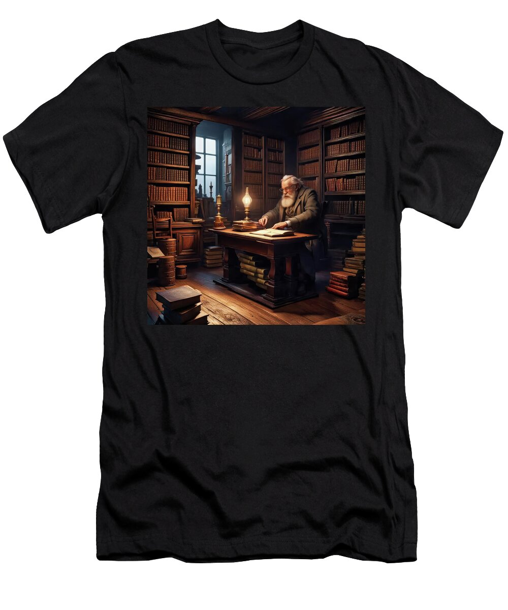 2 Elderly Scholar Reading in Rustic Library with Warm Lamp Light Anthony Dezenzio T-Shirt