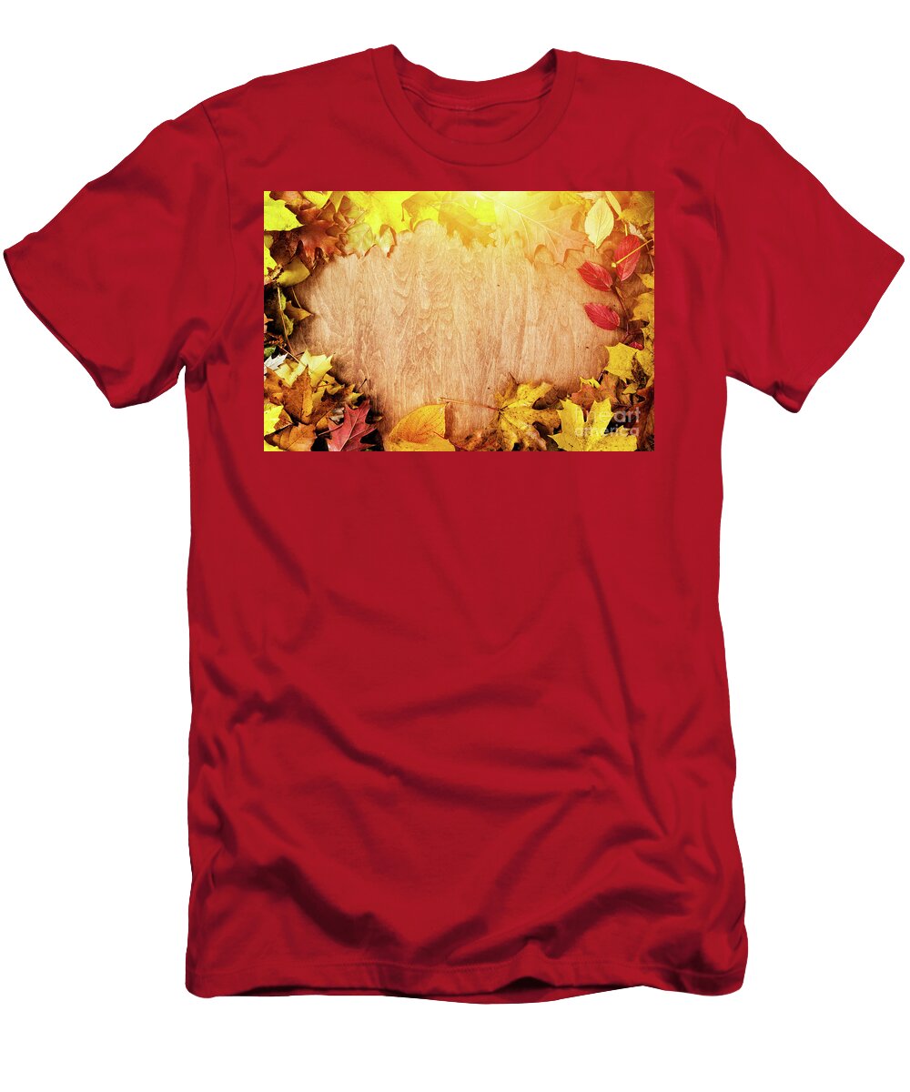 2 Frame Made of Fall Leaves on Wood Autumn Background Michal Bednarek T-Shirt