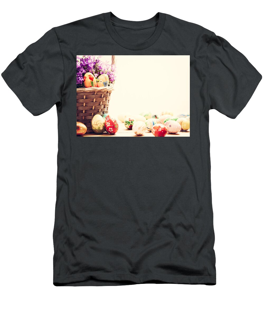 3 Colorful Hand Painted Easter Eggs in Basket and on Wood Michal Bednarek T-Shirt
