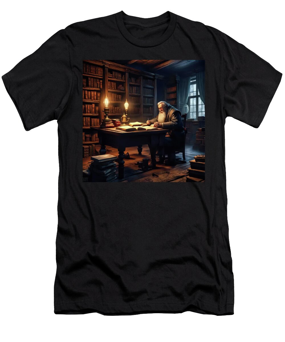 3 Elderly Scholar Reading in Rustic Library with Warm Lamp Light Anthony Dezenzio T-Shirt
