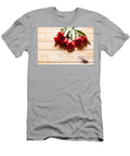 3 Fresh Red Tulip Flowers Bouquet on Wood Michal Bednarek T-Shirt