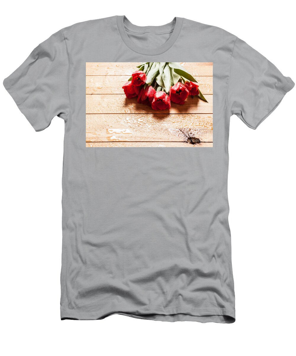 3 Fresh Red Tulip Flowers Bouquet on Wood Michal Bednarek T-Shirt