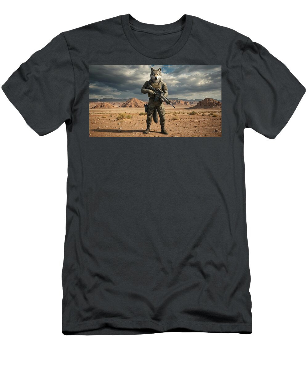 3 Special Forces Wolf with Gun Standing in Gobi Desert Talha Khan T-Shirt