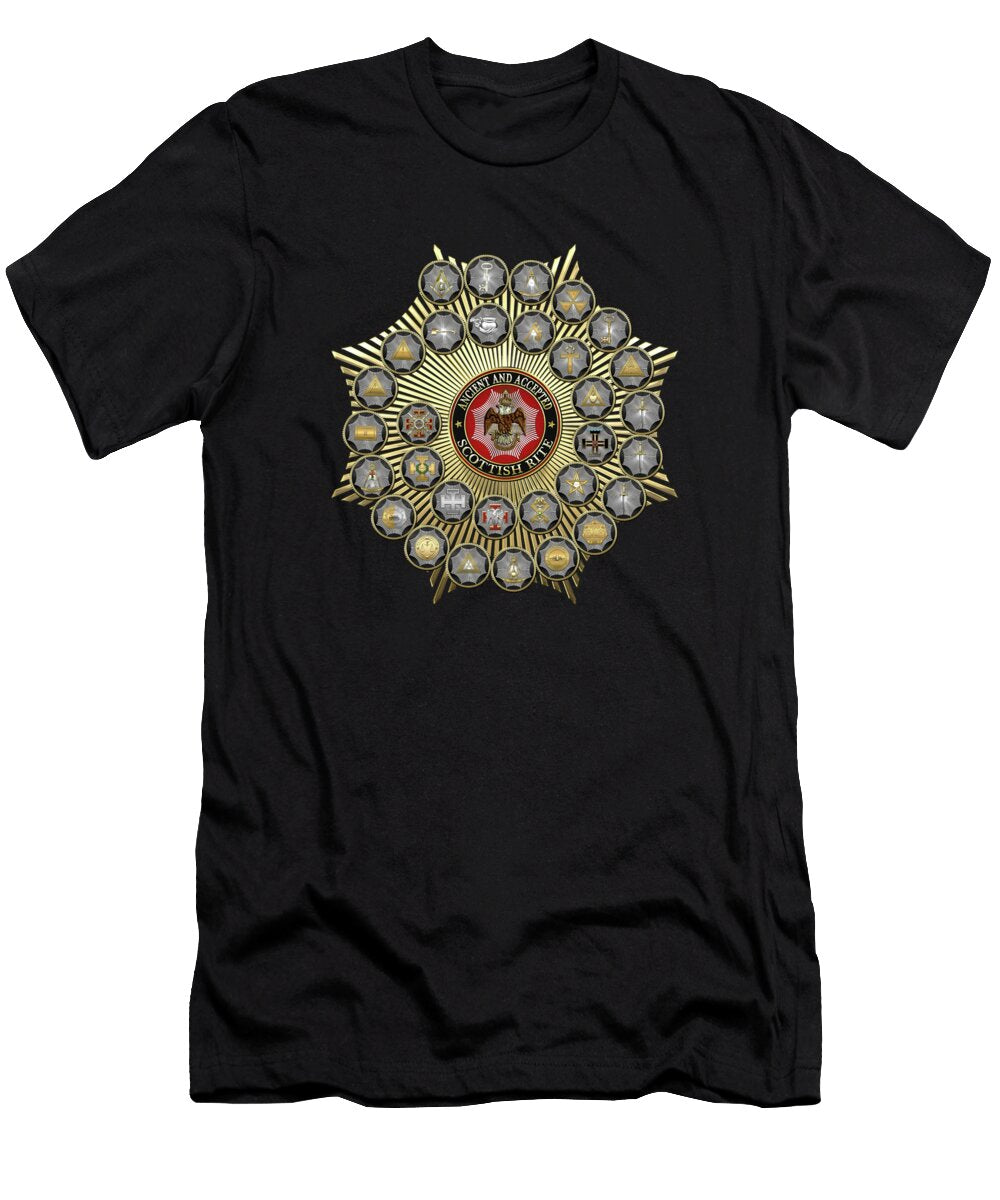 33 Scottish Rite Degrees on Black Leather Serge Averbukh T-Shirt