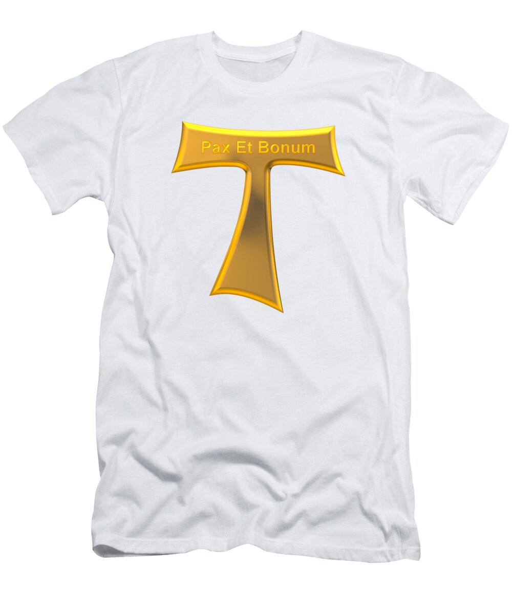 3d Look Franciscan Tau Cross Pax Et Bonum Gold on Gold Metallic Rose Santuci Sofranko T-Shirt