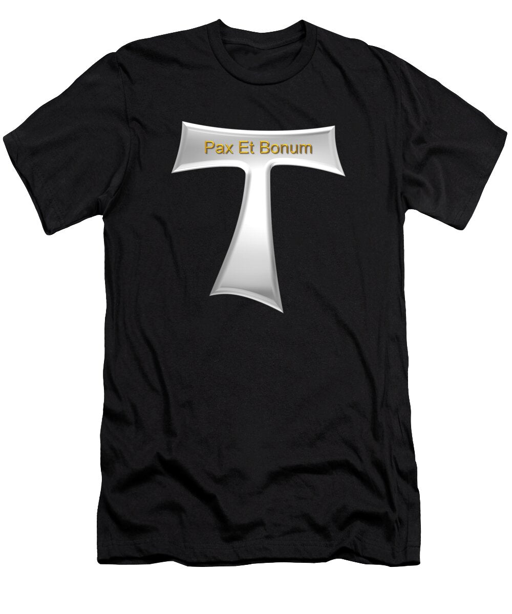 3d Look Franciscan Tau Cross Pax Et Bonum Silver and Gold Metallic Rose Santuci Sofranko T-Shirt