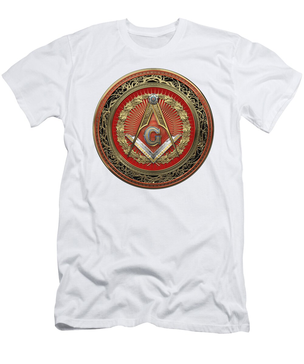 3rd Degree Mason Gold Jewel Master Mason Square and Compasses Over White Leather Serge Averbukh T-Shirt