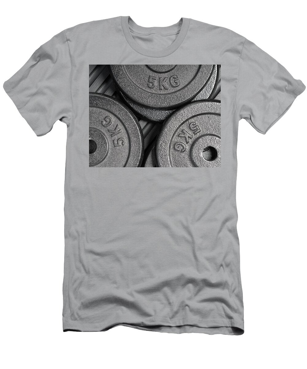 5kg Weight Plates on a Black Rubber Floor Inside a Gym Ru Weidemann T-Shirt