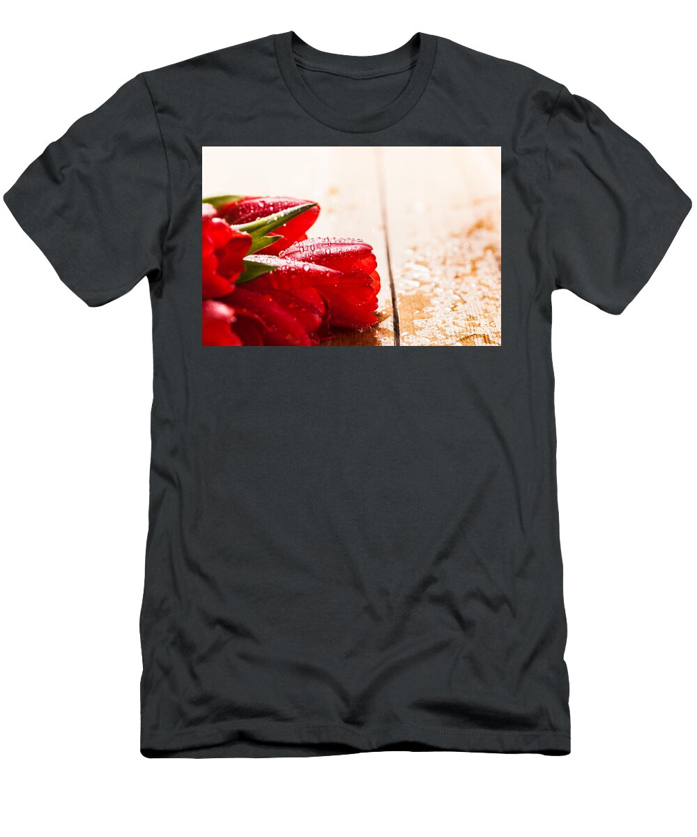 7 Fresh Red Tulip Flowers Bouquet on Wood Michal Bednarek T-Shirt