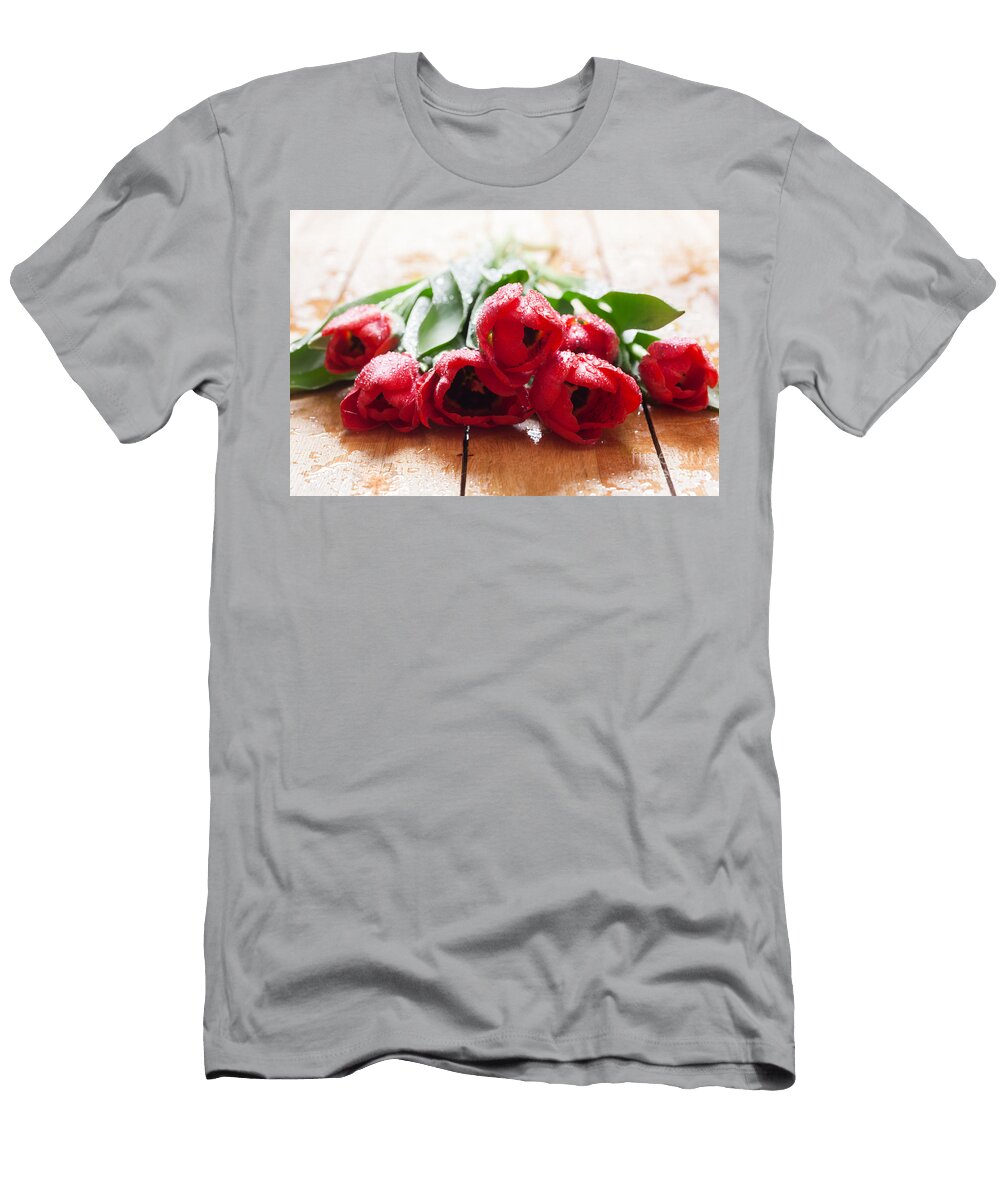 9 Fresh Red Tulip Flowers Bouquet on Wood Michal Bednarek T-Shirt