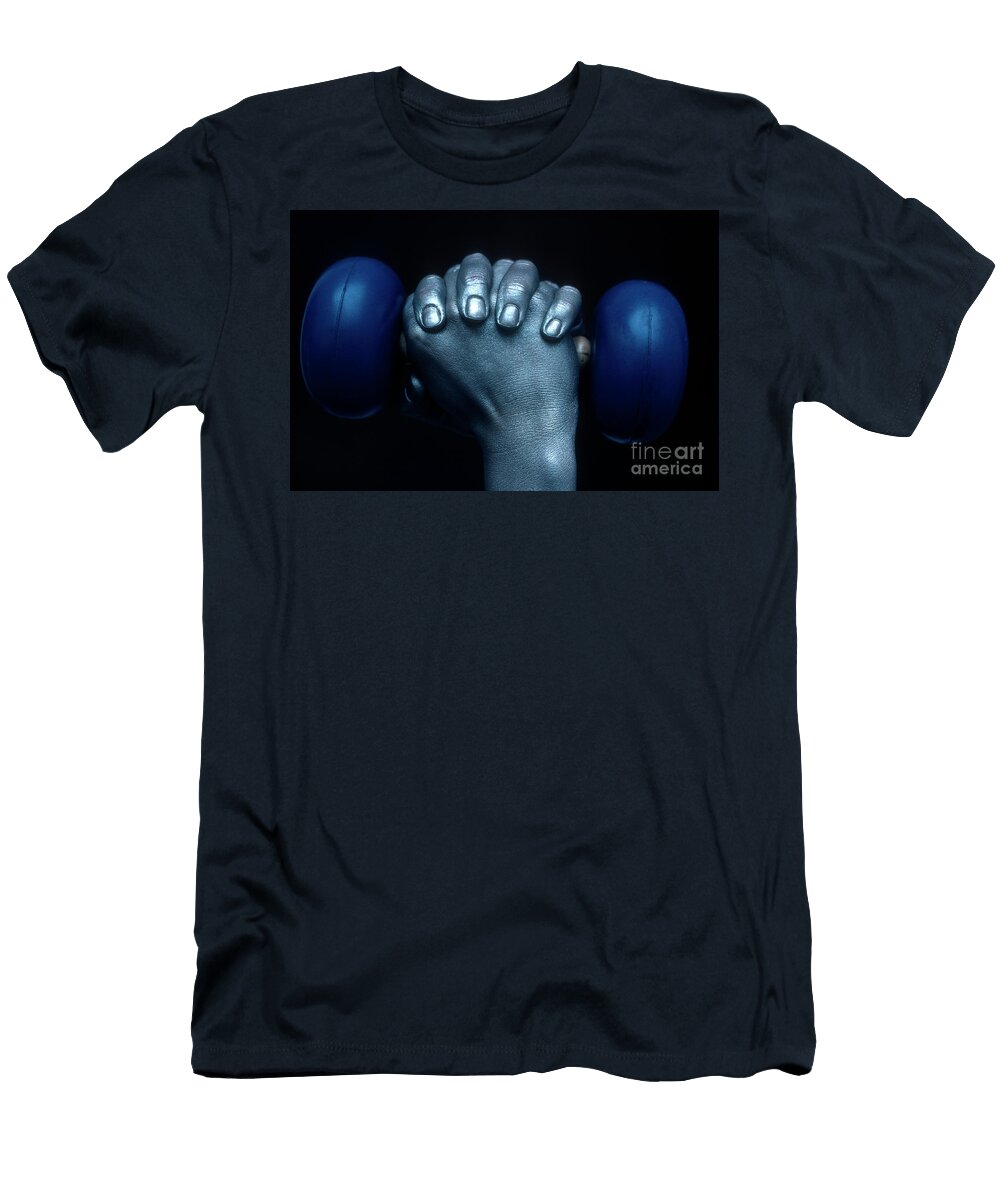 A Closeup of a Pair of Hands Painted Blue and Silver Holding a Blue Dumbbell with a Dark Background Bernard Jaubert T-Shirt