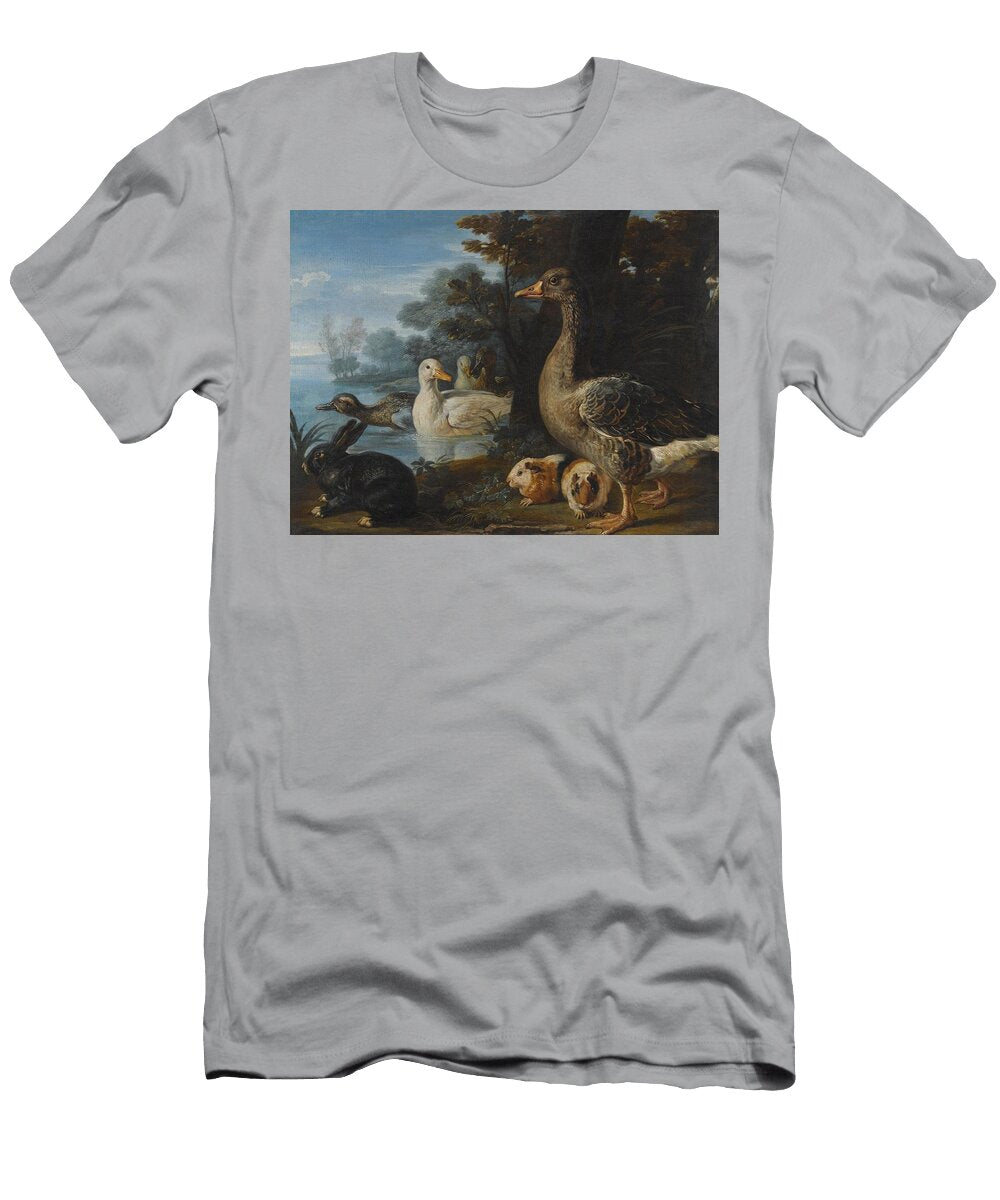 A Cockerel Hens Doves and a Parrot in a Formal Garden Setting Art David De Coninck Flemish Ca Ca T-Shirt