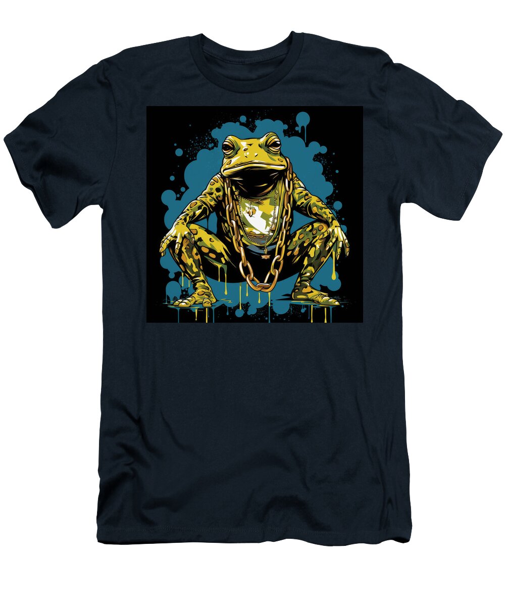 A Green Frog with a Gold Chain Sits in a Squat Pose Against a Bl Zunae Lim T-Shirt
