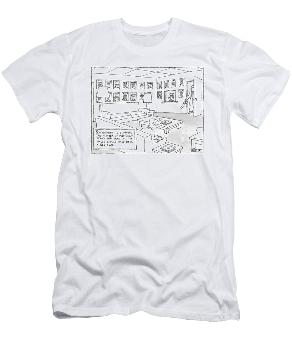 A Man Is Seen Sitting in a Waiting Room Covered Jack Ziegler T-Shirt