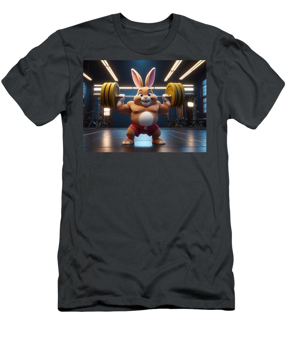 A Muscular Bunny Is Lifting Heavy Barbells in a Well Lit Gym Showcasing Determination and Strength Colorful Points T-Shirt