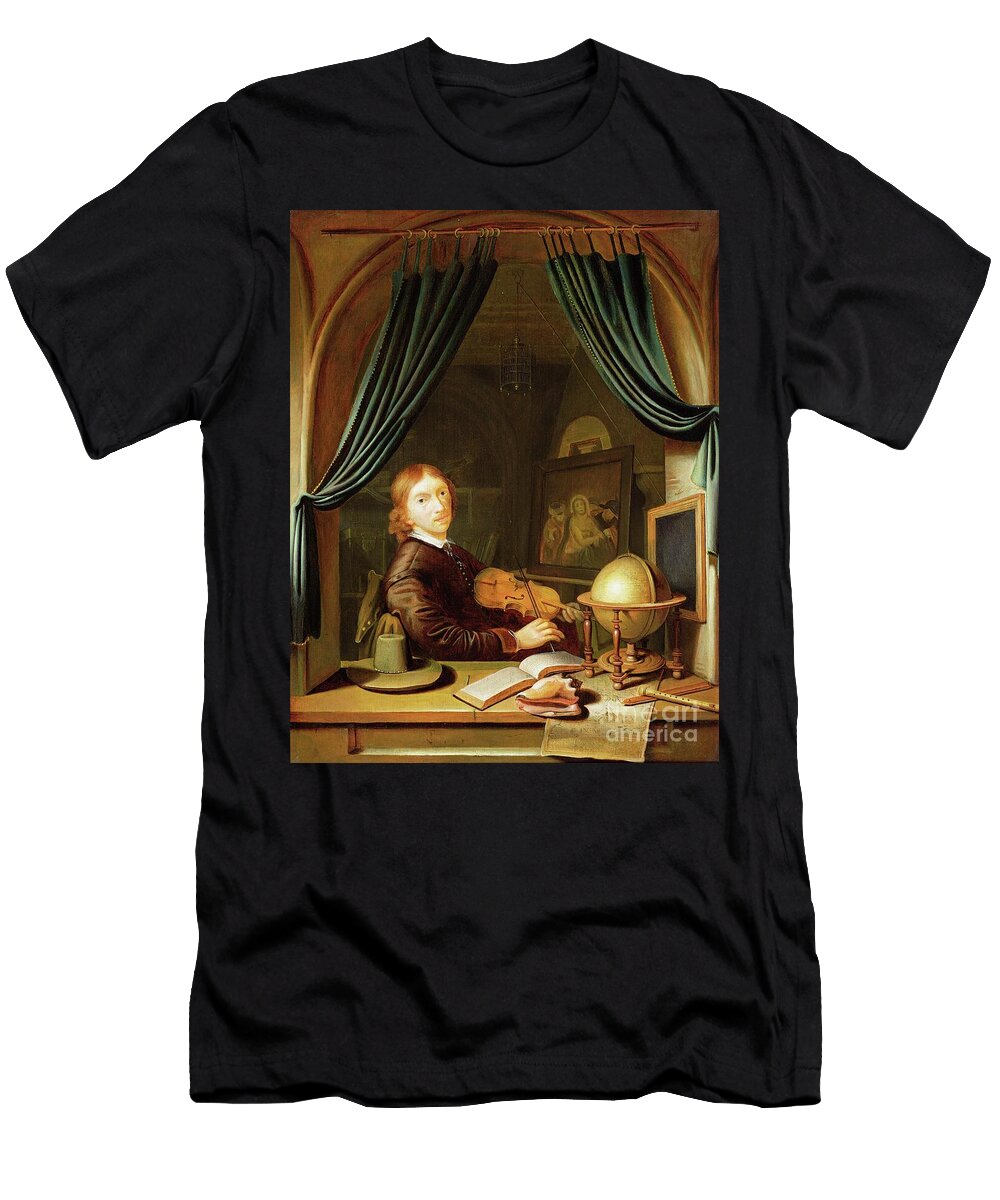 A Musician Playing a Violin By a Draped Casement Pieter Cornelisz Van Egmont T-Shirt