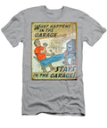 A Vintage Style Poster Features a Man Relaxing in a Garage Lifting a Dumbbell and Watching Tv While Kevin Hellon T-Shirt
