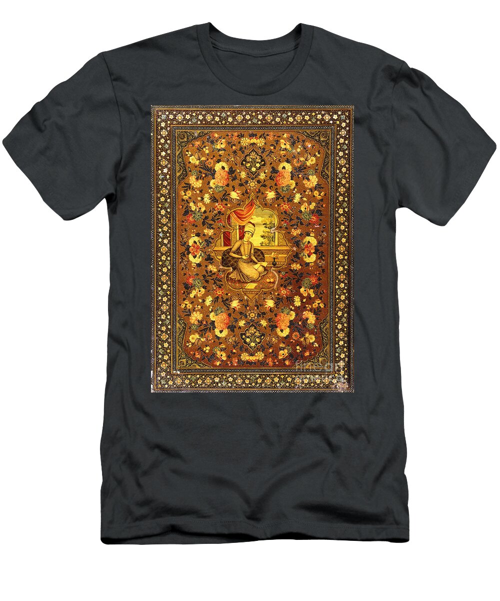 A Zand Book Cover Painted with a Central Seated Figure Within an Interior Surrounded By Floral Sprays Mid 18th Century Persian School T-Shirt