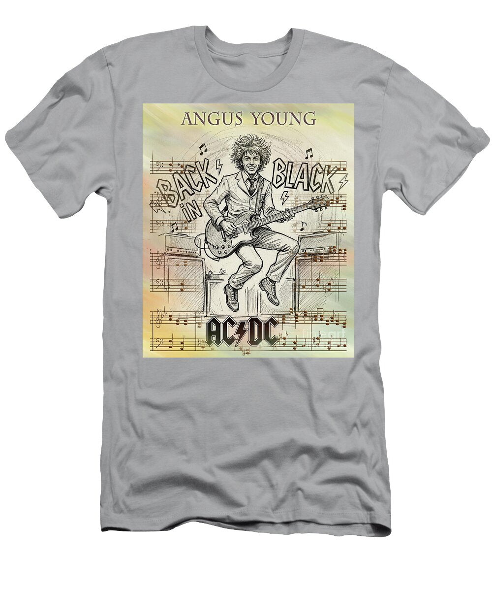 ACDC Guitarist Angus Young Portrait with Lyrics Back in Black Scott Mendell T-Shirt