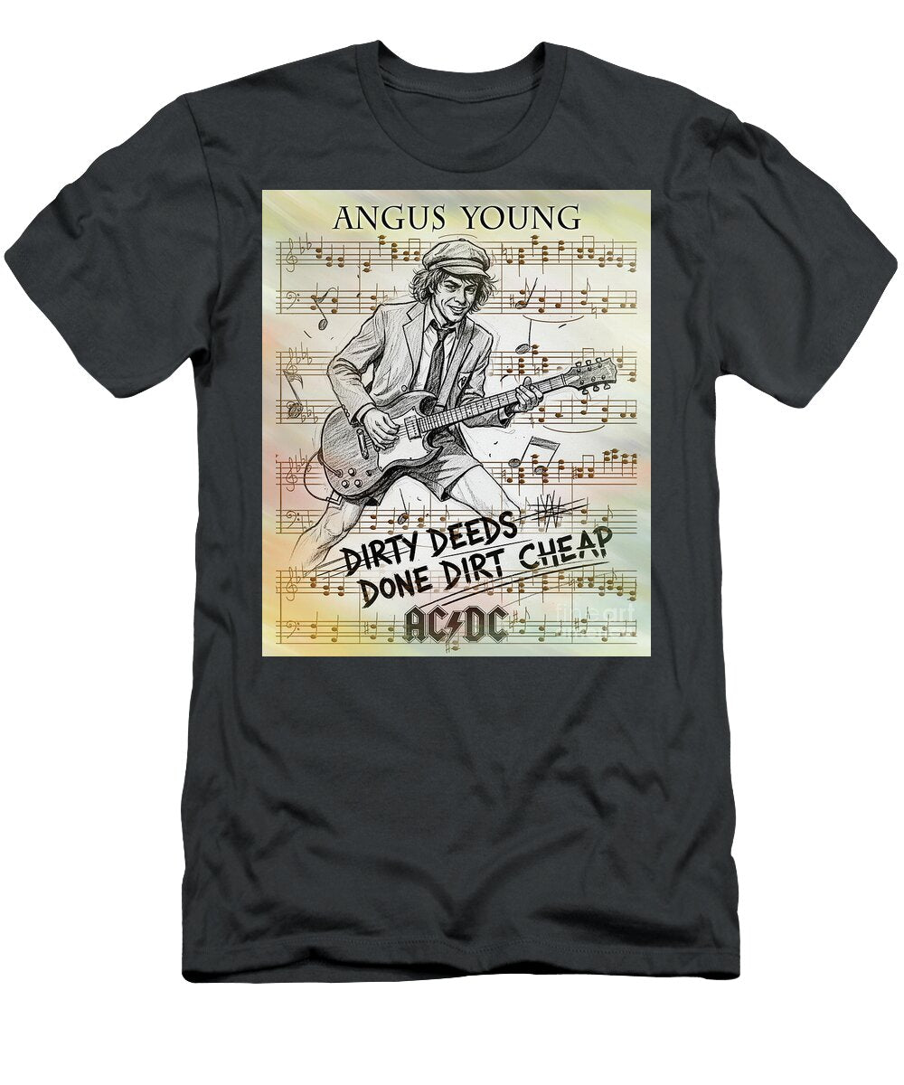 ACDC Guitarist Angus Young Portrait with Lyrics Dirty Deeds Done Dirt Cheap Scott Mendell T-Shirt