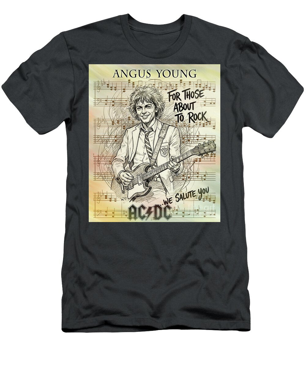 ACDC Guitarist Angus Young Portrait with Lyrics for Those About to Rock Scott Mendell T-Shirt