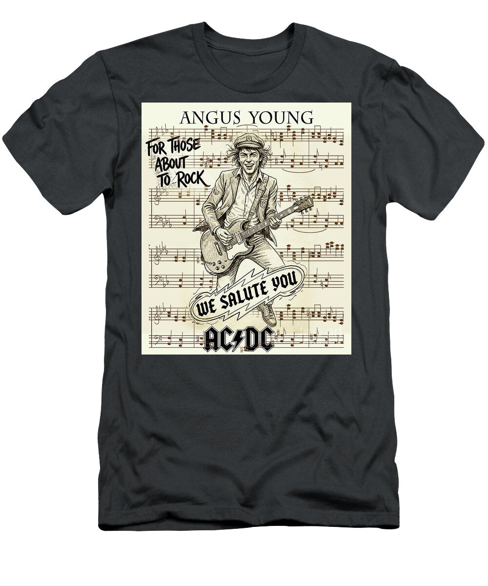 ACDC Guitarist Angus Young Portrait with Lyrics We Salute You Scott Mendell T-Shirt