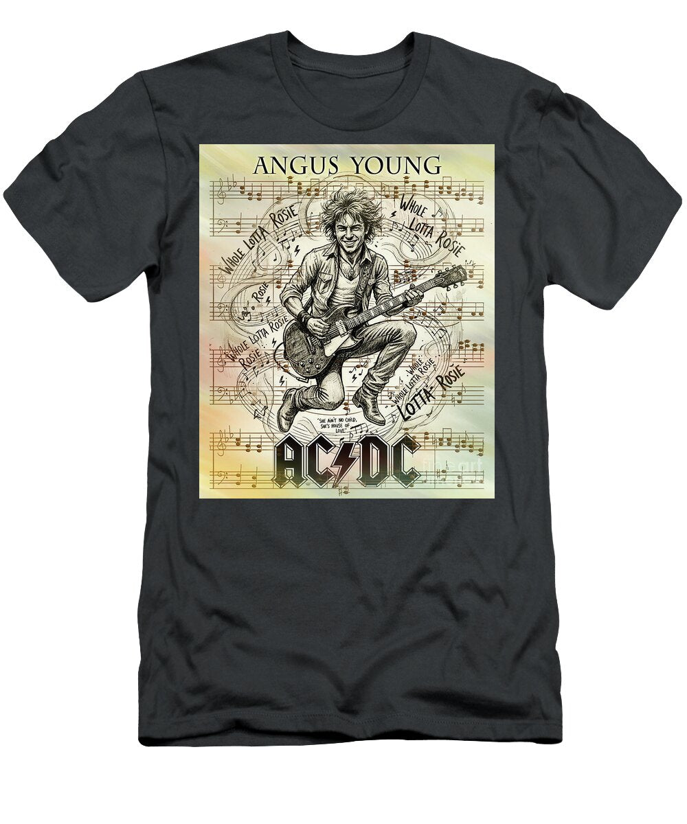 ACDC Guitarist Angus Young Portrait with Whole Lotta Rosie Scott Mendell T-Shirt