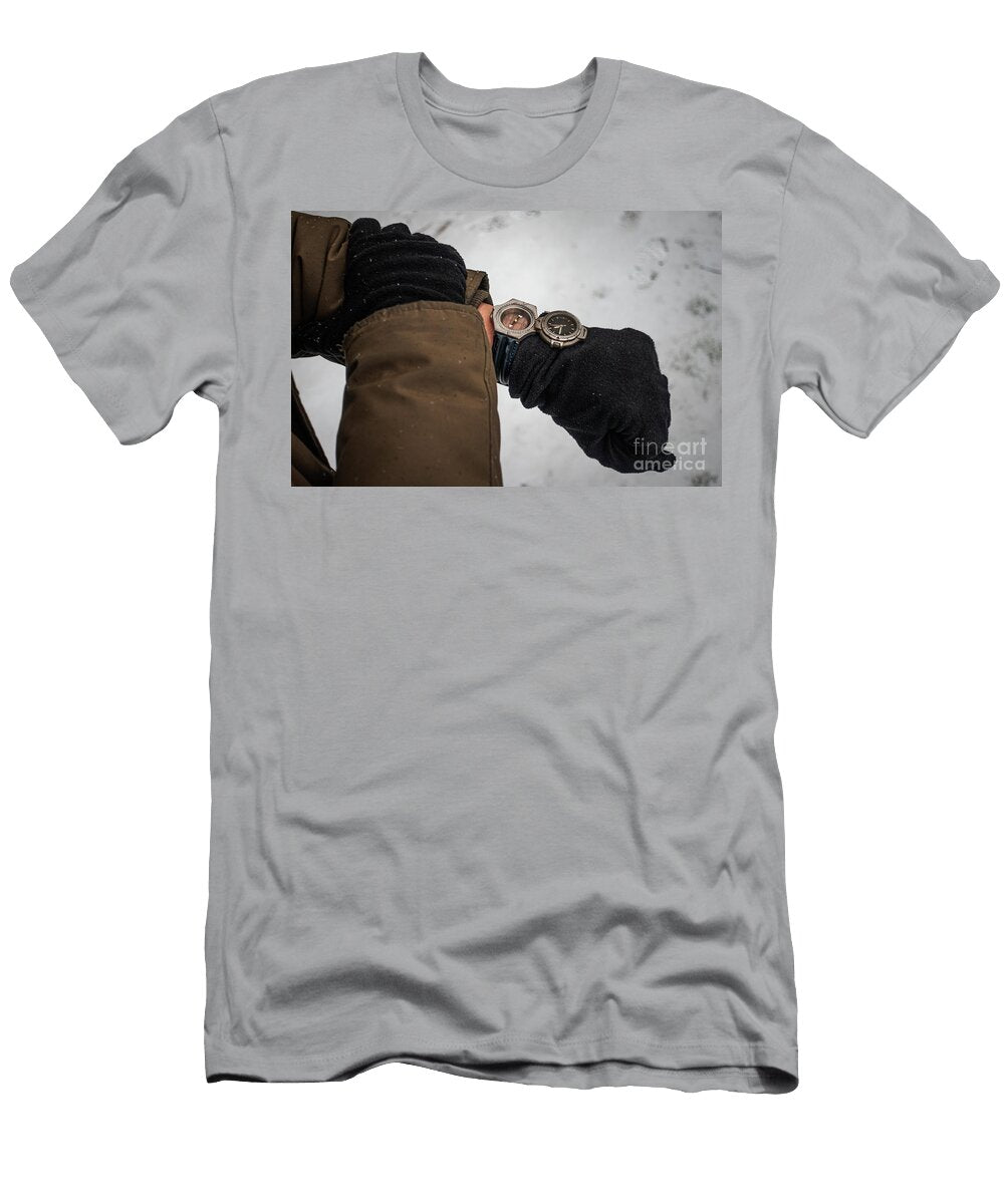 Adventurer Finds His Route By His Compass on a Snowy Winter Day Kazim Canberk Sezer T-Shirt