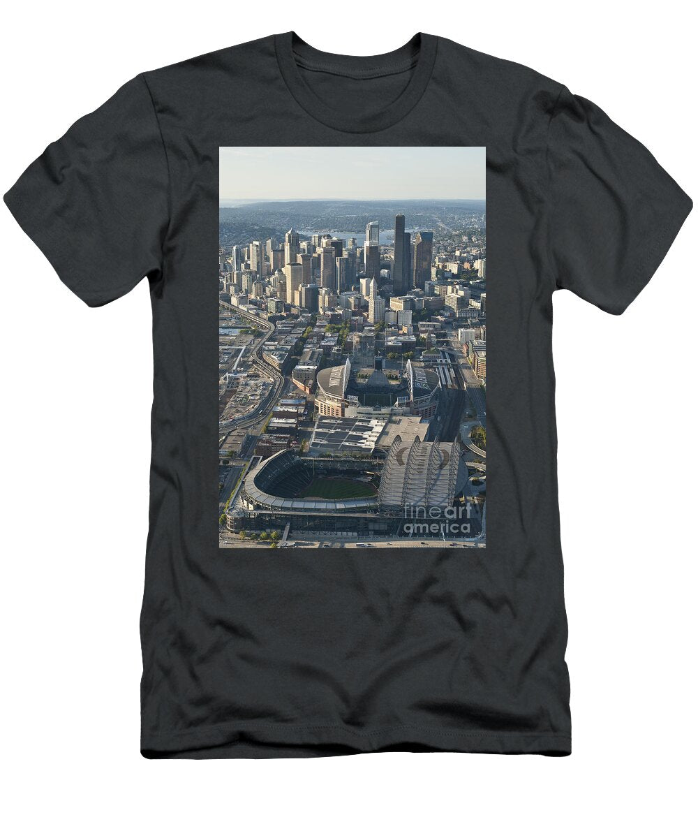 Aerial View of Seattle Skyline with the Pro Sports Stadiums Jim Corwin T-Shirt