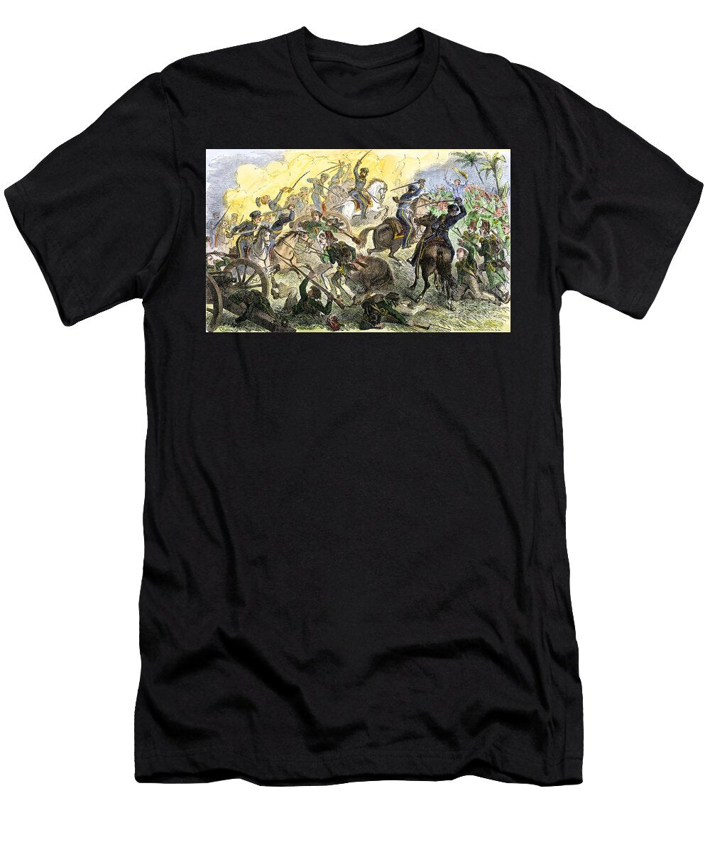 American Mexican War 1846 1848 Between the United States and the Republic of Mexico Charge of Captain Maya the Head of the American Cavalry Years 1840 Colouring Engraving of the 19th Century American School T-Shirt